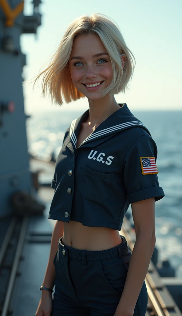 {{masterpiece, Best quality, extremely detailed computer graphics, unity 8k wallpaper, cinematic lighting, }}, Sony α7, wide frame, South Pacific, during the war with the Asian powers, the wind blows on the Aegis ship, 1 girl, whole body, smile, she is a U.S. Navy sailor, Caucasian, 20 years, smile, blonde hair, Short Bob, Blue eyes , long eyelashes ,