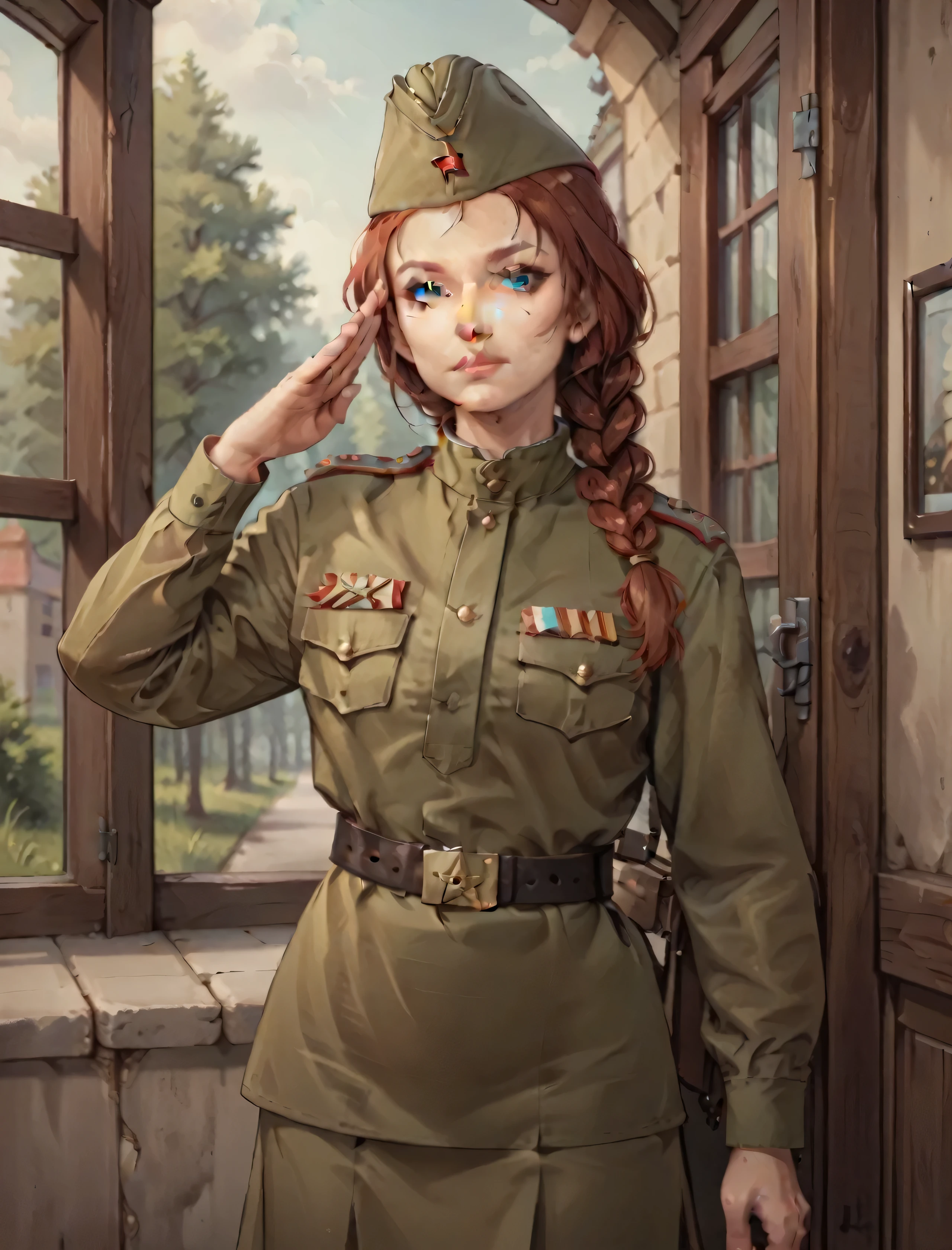 score_9, score_8_up, score_7_up, source_anime BREAK 1girl, solo,Soviet Military uniform, Soviet garrison cap, belt, red hair, braided hair, freckles, salute, look at the viewer, emotionles, T_T, skirt, blue eyes, window, tree  