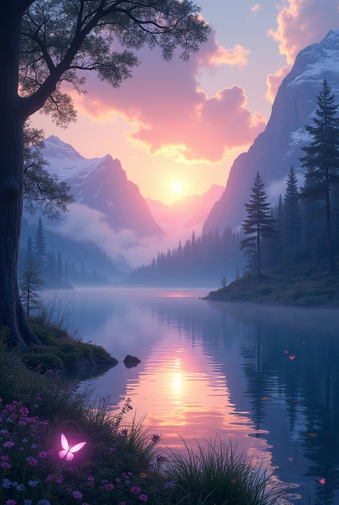a surreal landscape at sunset, where a lush forest meets the edge of a tranquil, crystal-clear lake. the water reflects the vibrant colors of the setting sun, casting a golden hue across the scene. majestic mountains with snow-capped peaks rise in the background, shrouded in mist. in the sky, glowing orbs of light float gently, adding a magical atmosphere. the trees in the forest have bioluminescent leaves, softly glowing in shades of blue and purple. a gentle breeze creates ripples on the lake’s surface, and small, ethereal creatures with translucent wings flutter around the flowers on the shore