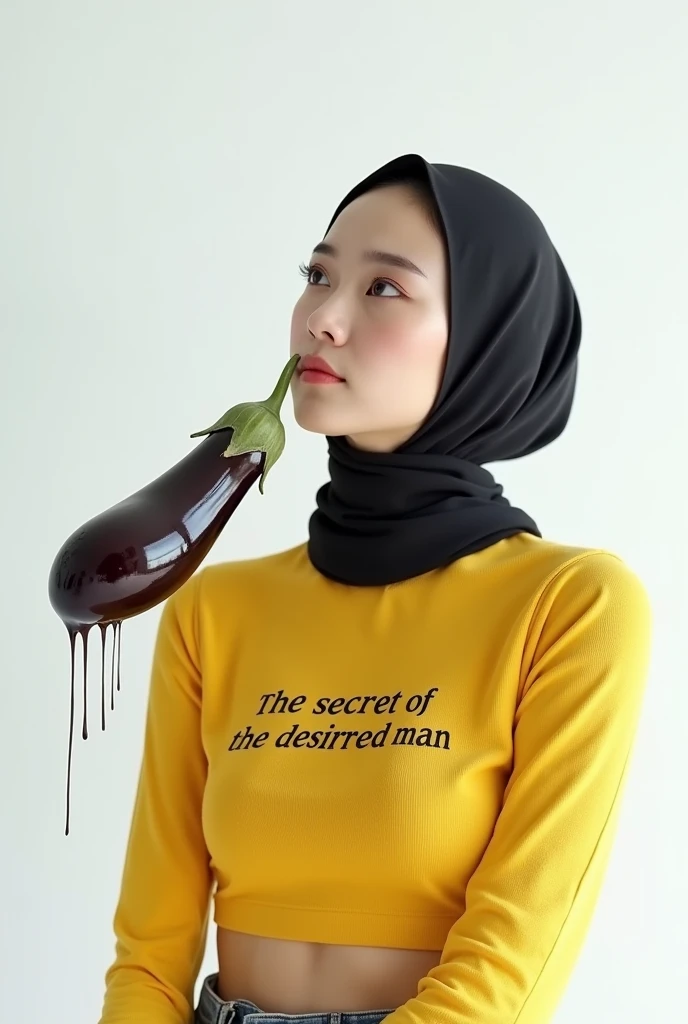 Beautiful Korean woman wearing a hijab, wearing a yellow crop top with the words "POWERMEN", right hand holding a long eggplant, at the end of the eggplant there are drops of condensed milk, left hand looking up, white begron