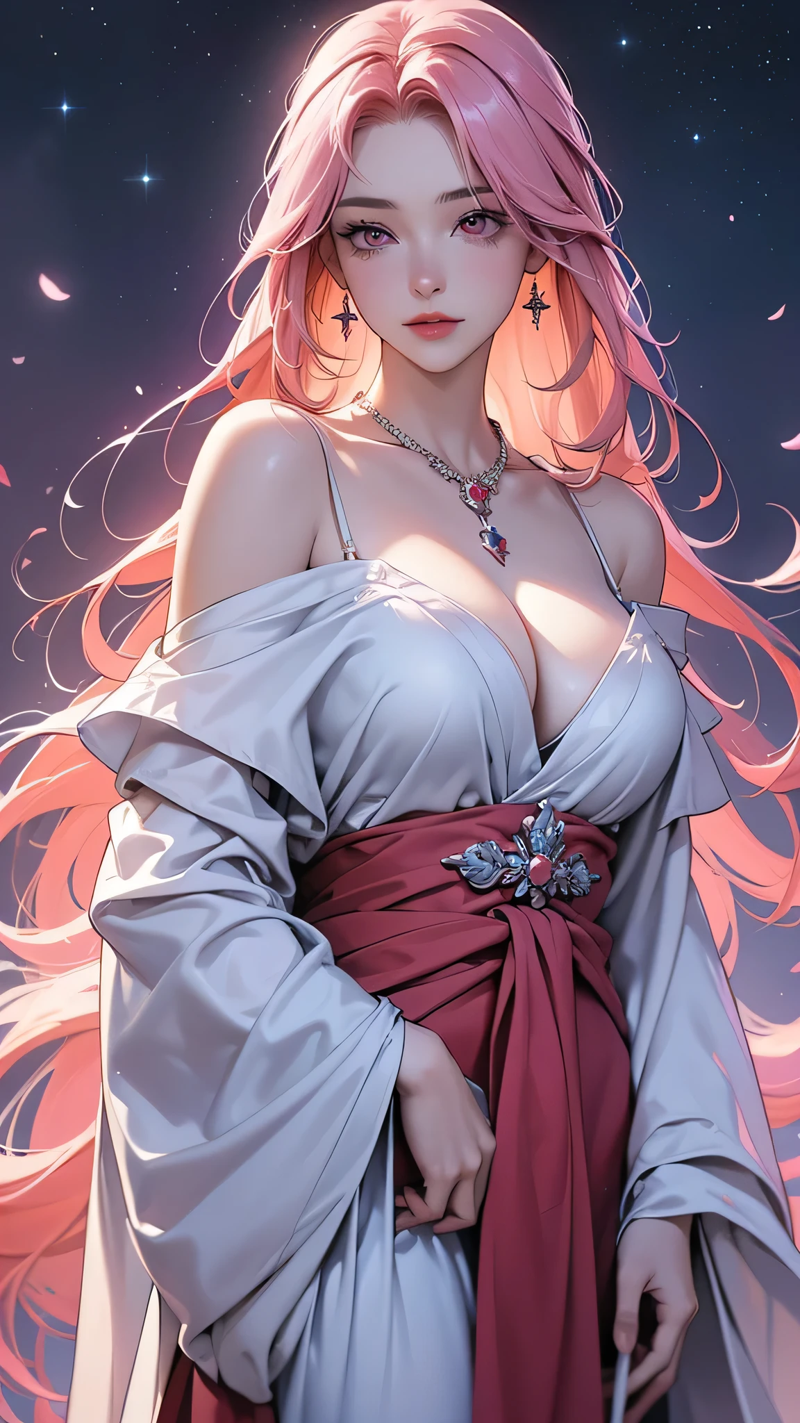 (Best quality, 8K, high resolution, masterpiece:1.2), Digital Artwork, A girl, Delicate face, Delicate eyes, Pink Hair, Long and straight hair, Glowing purple eyes, Red lips, Suspenders, Fantasy Landscape, Vibrant colors, Soft lighting, Whimsical atmosphere, Blooming flowers, floating dress, Fine details, Ethereal Background, Dreamy, masterpiece:1.5, Highest quality, Very detailed、 Dutch Angle、Semi-realistic、Fantasy)(One Girl, alone)(Silver Hair:1.6,,Straight Long Hair)(Wearing Han clothes, Royalty、White and red Hanfu:1.5,Thick fabric,Long sleeve)、((Off the shoulder、big breasts, Beautiful cleavage、ruby ​​necklace))(from backside),(Beautiful starry sky、Mystical Night、Particles of light float around the woman、Fantastic space)