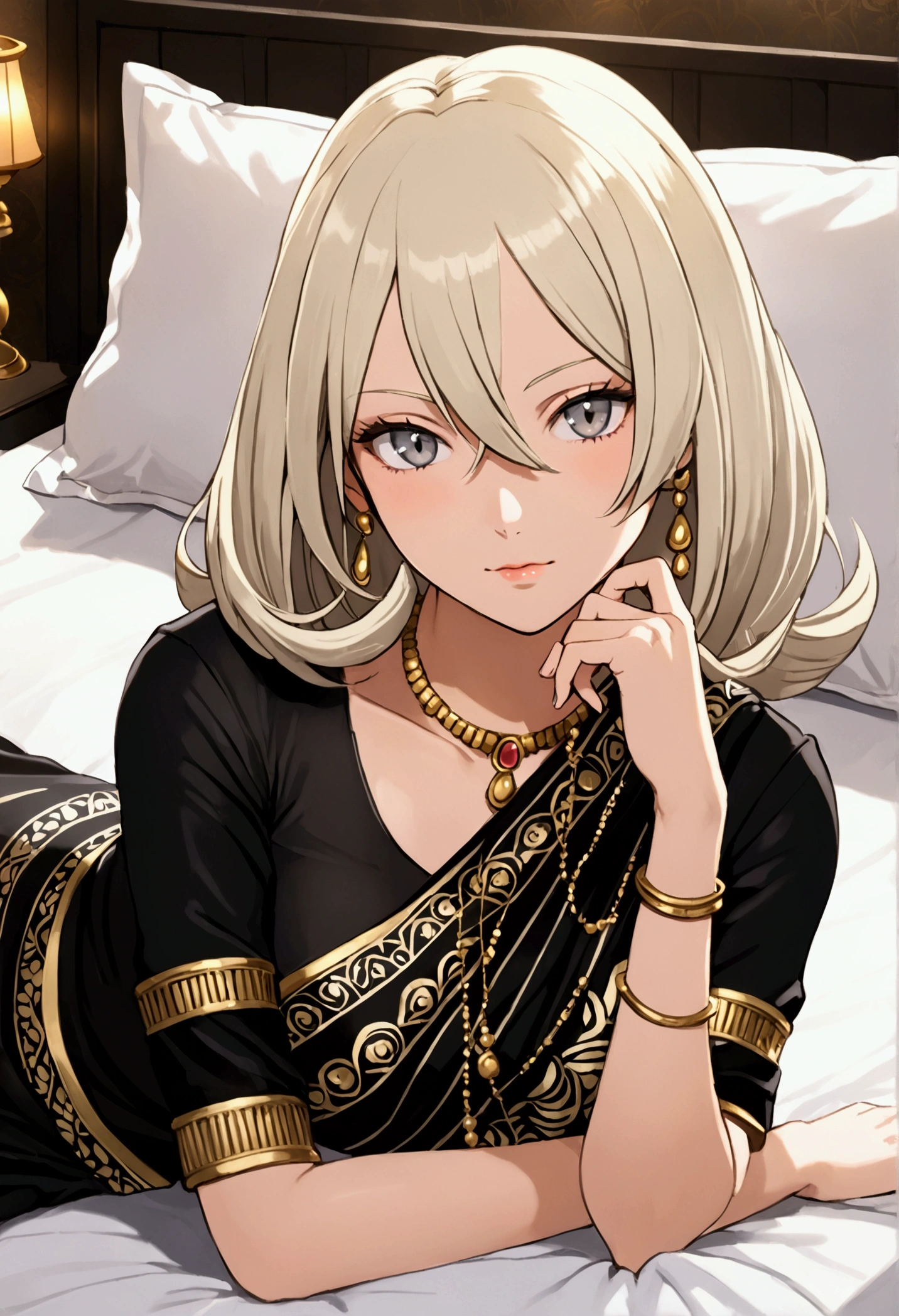 Cynthia from Pokemon, wearing black thin Indian saree ,Her platinum blonde hair should be styled in a sleek, asymmetrical bob with the longest sections reaching slightly past her chin. Include a side-swept fringe with a bit of volume and smooth, flowing texture. The hair should appear polished and well-groomed, capturing her sophisticated and elegant look, on a bed , romantic surrounding, Laying on the bed , photo session , grey eyes, black eyelids, sexy expressions , one adult mature women, human body structure , no ornaments, steam in room , sweating , Pokemon plushies behind misty , saree with golden printed design,