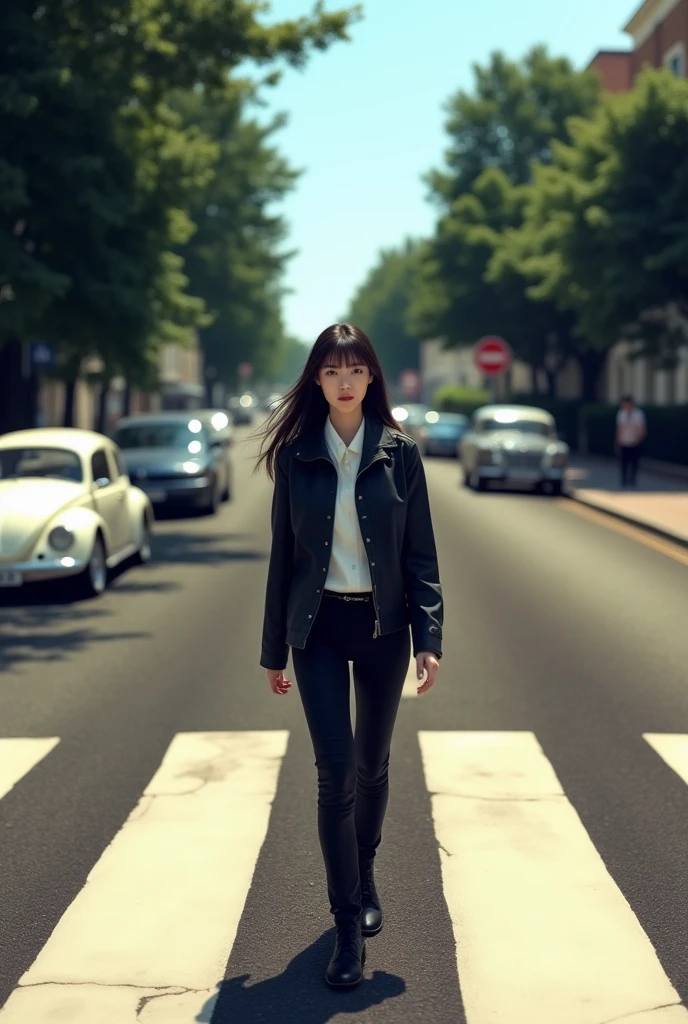 (photorealism:1.2), an image that resembles the iconic album cover of the beatles "abbey road", an korean woman with long black hair, wearing a black jacket, white shirt, black pants, black shoes, walking across the zebra crossing in abbey from left to right with her head turned towards the cameraman, there is a classic white Volkswagen Beetle parked on the road on the left and further down the road on the right side there are more cars and trees lining the road. This image is very famous and often imitated in popular culture,