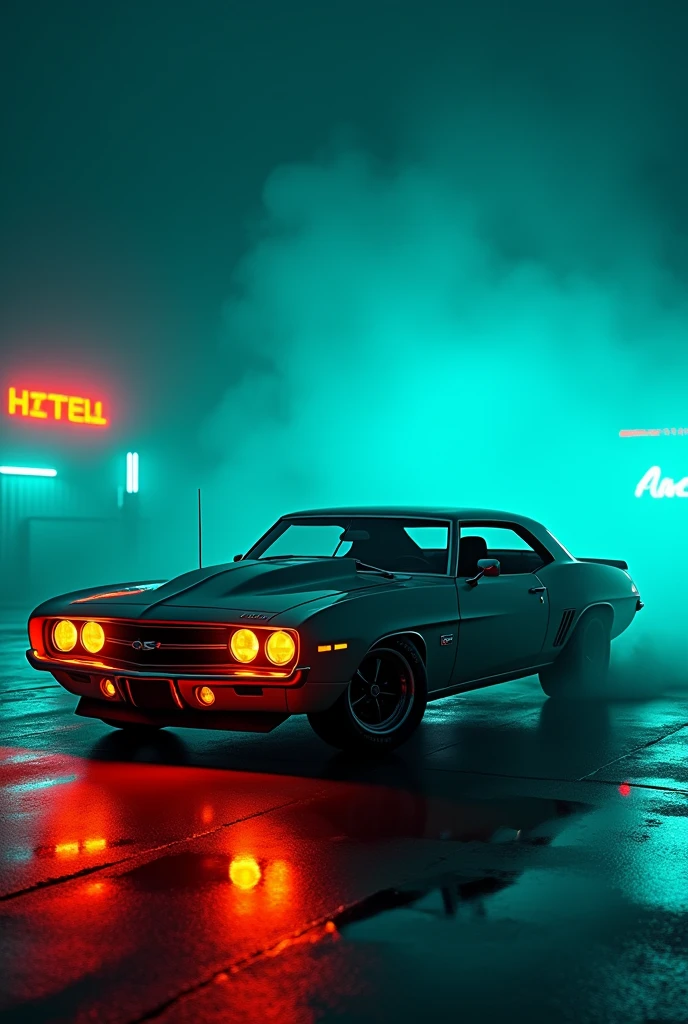Chevrolet With teal and onrange neon lights and fog