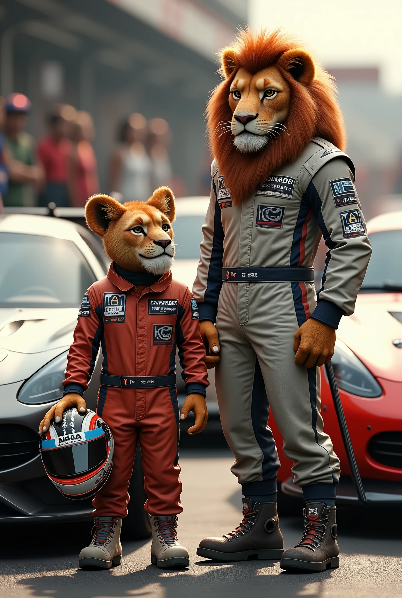 lion as a racing car driver next to its car with player costume and helmet in hand and near to his Lion son as a racing car driver next to its car with player costume and helmet