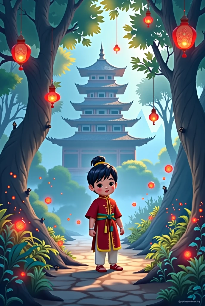 Create a storybook cover photo titled &#39;Liang Chu&#39;s journey in the magical world&#39; (The Journey of Liangchu in the Magical World) in Chinese. The cover should feature a young boy, Liangchu, with traditional Chinese attire, standing in an enchanting, mystical forest filled with glowing plants, floating lanterns, and magical creatures. In the background, a majestic pagoda can be seen surrounded by mist. The title should be prominently displayed at the top in large, elegant Chinese calligraphy. The author name &#39;Mohammad Mubashir KMT&#39;