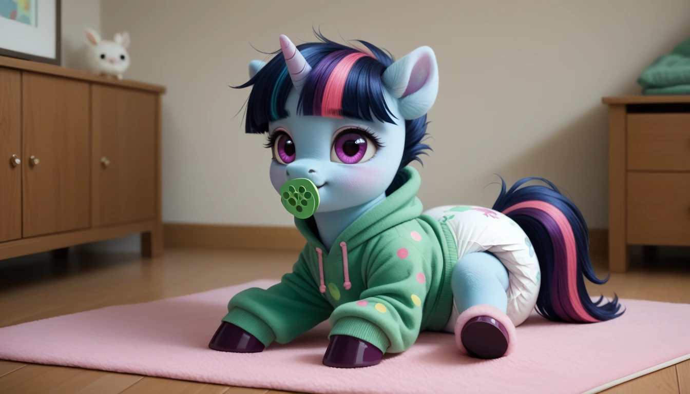 pony, Unicorn, purple wool, dark blue mane with purple streak and pink streak, the tail is dark blue with a purple strand and a pink strand, purple eyes, sitting in the room on a soft play mat, adult filly, wearing a green onesie and green booties, green pacifier in mouth, solo, thick diaper under clothes.