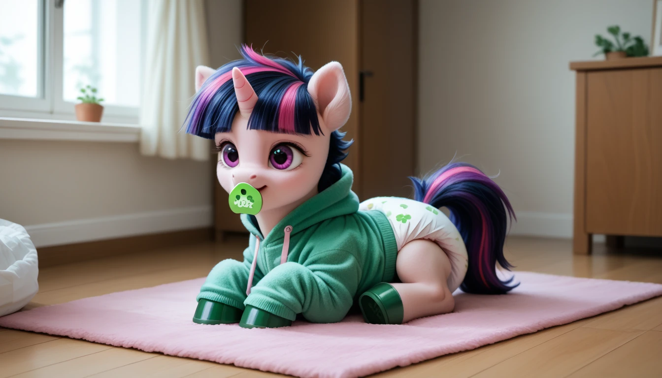 pony, Unicorn, purple wool, dark blue mane with purple streak and pink streak, the tail is dark blue with a purple strand and a pink strand, purple eyes, sitting in the room on a soft play mat, adult filly, wearing a green onesie and green booties, green pacifier in mouth, solo, thick diaper under clothes.