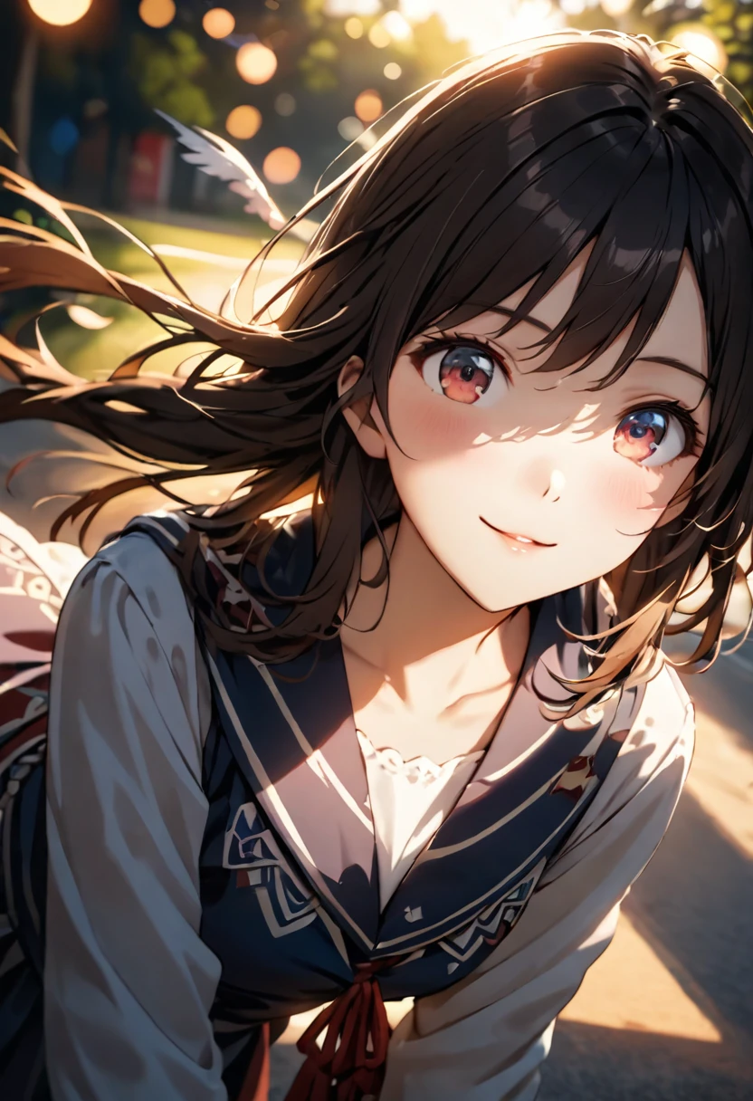 Highest quality,Delicate illustration,Detailed depiction, masterpiece, Boho Eye Hinai Girl, Playful Themes, Group of 2、Two girls、High school girls、Same uniform、Raw photo of a girl in uniform。Decorative details and symbols are often used。, Brown hair gently fluttering in the wind,Clear blue eyes、great joy、Raw photo of a girl in uniform。Decorative details and symbols are often used。, Black hair gently fluttering in the wind,Clear red eyes、A gentle smile、 Long-distance shots, High Key Light, Hard Shadows, Soft bokeh, Professional photography, A balanced deal, Balanced Exposure,