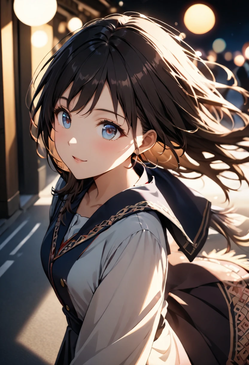 Highest quality,Delicate illustration,Detailed depiction, masterpiece, Boho Eye Hinai Girl, Playful Themes, Group of 2、Two girls、High school girls、Same uniform、Raw photo of a girl in uniform。Decorative details and symbols are often used。, Brown hair gently fluttering in the wind,Clear blue eyes、great joy、Raw photo of a girl in uniform。Decorative details and symbols are often used。, Black hair gently fluttering in the wind,Clear red eyes、A gentle smile、 Long-distance shots, High Key Light, Hard Shadows, Soft bokeh, Professional photography, A balanced deal, Balanced Exposure,