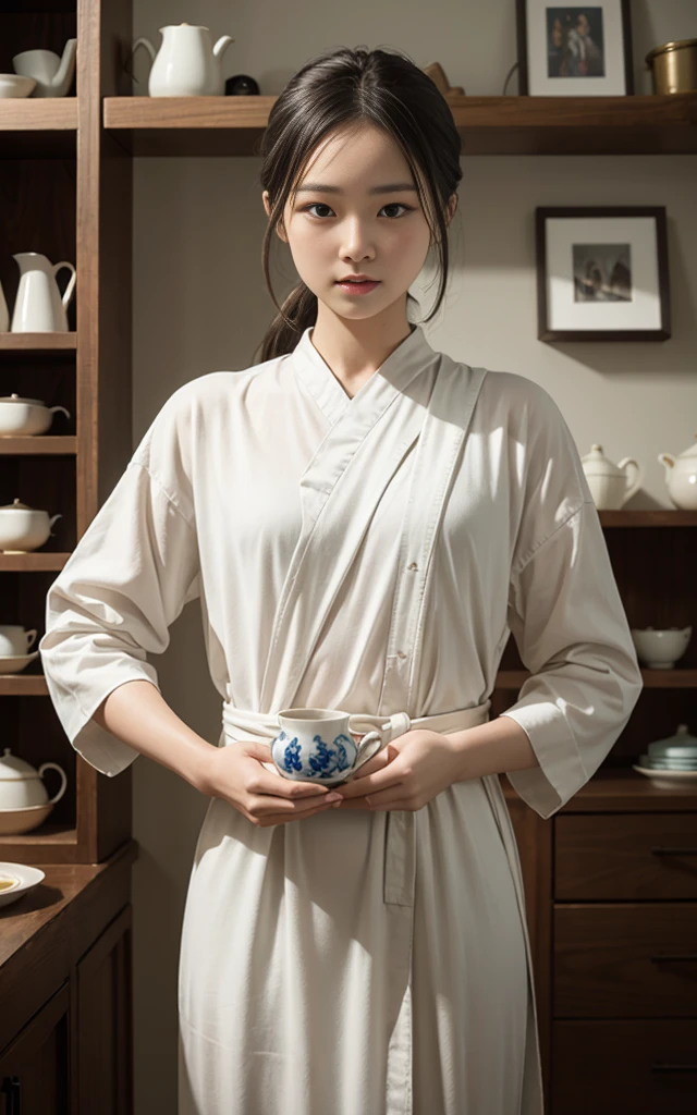Best Quality、masterpiece、Very detailed、beautiful、cute、Cowboy Shots、One person、Ceramist、Monk's working clothes、Pottery Class、Wheel