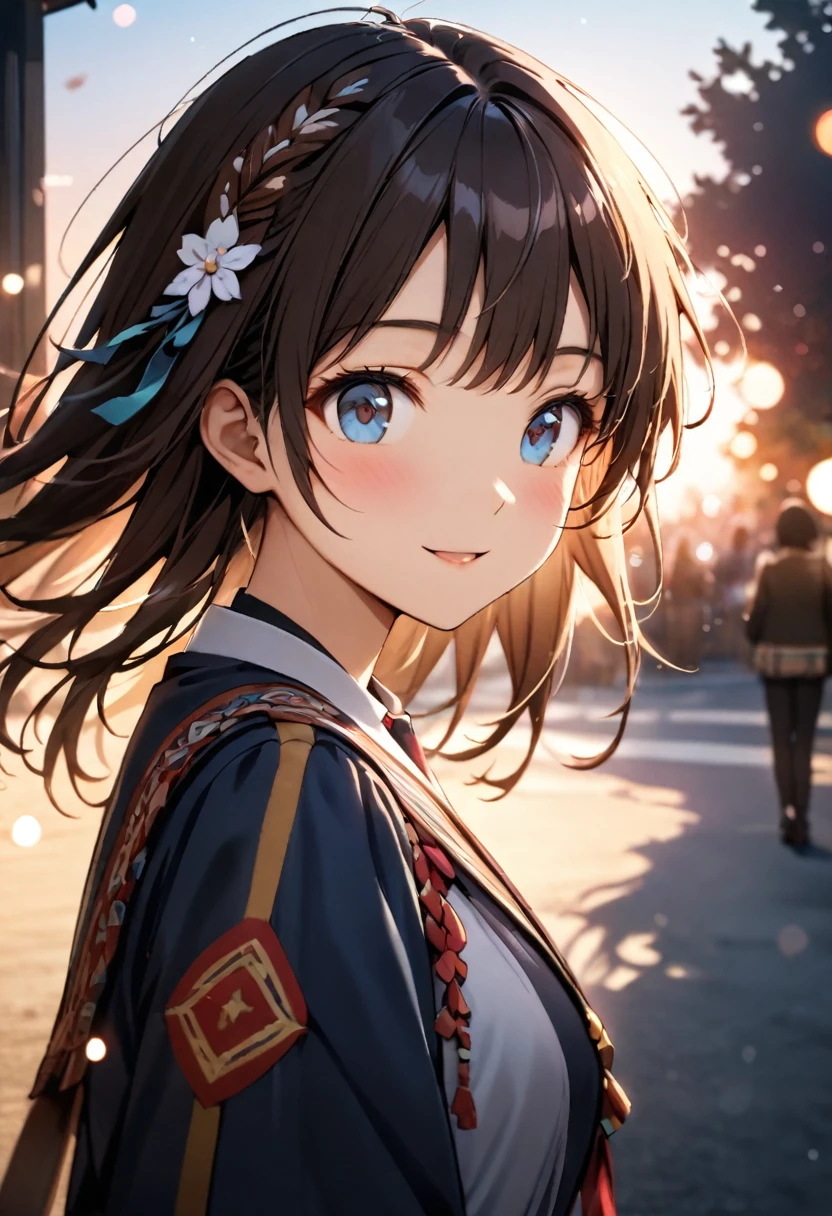 Highest quality,Delicate illustration,Detailed depiction, masterpiece, Boho Eye Hinai Girl, Playful Themes, Group of 2、Two girls、High school girls、Same uniform、Raw photo of a girl in uniform。Decorative details and symbols are often used。, Brown hair gently fluttering in the wind,Clear blue eyes、great joy、Raw photo of a girl in uniform。Decorative details and symbols are often used。, Black hair gently fluttering in the wind,Clear red eyes、A gentle smile、 Long-distance shots, High Key Light, Hard Shadows, Soft bokeh, Professional photography, A balanced deal, Balanced Exposure,