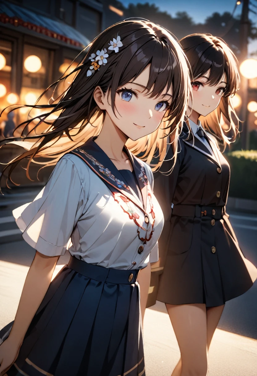 Highest quality,Delicate illustration,Detailed depiction, masterpiece, Boho Eye Hinai Girl, Playful Themes, Group of 2、Two girls、High school girls、Same uniform、Raw photo of a girl in uniform。Decorative details and symbols are often used。, Brown hair gently fluttering in the wind,Clear blue eyes、great joy、Raw photo of a girl in uniform。Decorative details and symbols are often used。, Black hair gently fluttering in the wind,Clear red eyes、A gentle smile、 Long-distance shots, High Key Light, Hard Shadows, Soft bokeh, Professional photography, A balanced deal, Balanced Exposure,