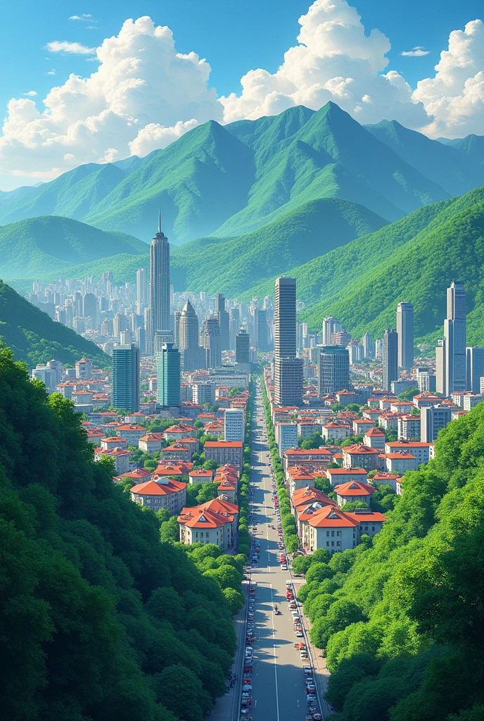 You could generate the image of a city that has green mountains as hills