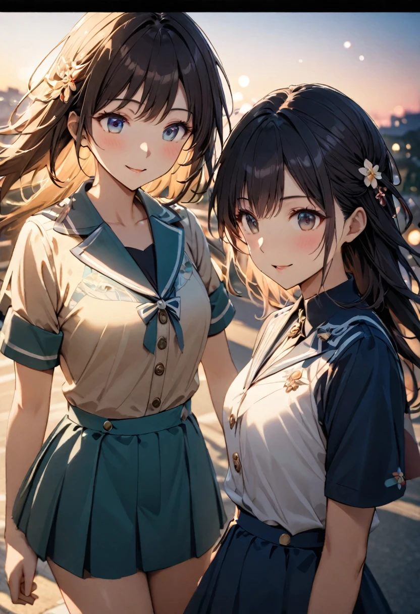 Highest quality,Delicate illustration,Detailed depiction, masterpiece, Boho Eye Hinai Girl, Playful Themes, Group of 2、Two girls、High school girls、Same uniform、Raw photo of a girl in uniform。Decorative details and symbols are often used。, Brown hair gently fluttering in the wind,Clear blue eyes、great joy、Raw photo of a girl in uniform。Decorative details and symbols are often used。, Black hair gently fluttering in the wind,Clear red eyes、A gentle smile、 Long-distance shots, High Key Light, Hard Shadows, Soft bokeh, Professional photography, A balanced deal, Balanced Exposure,