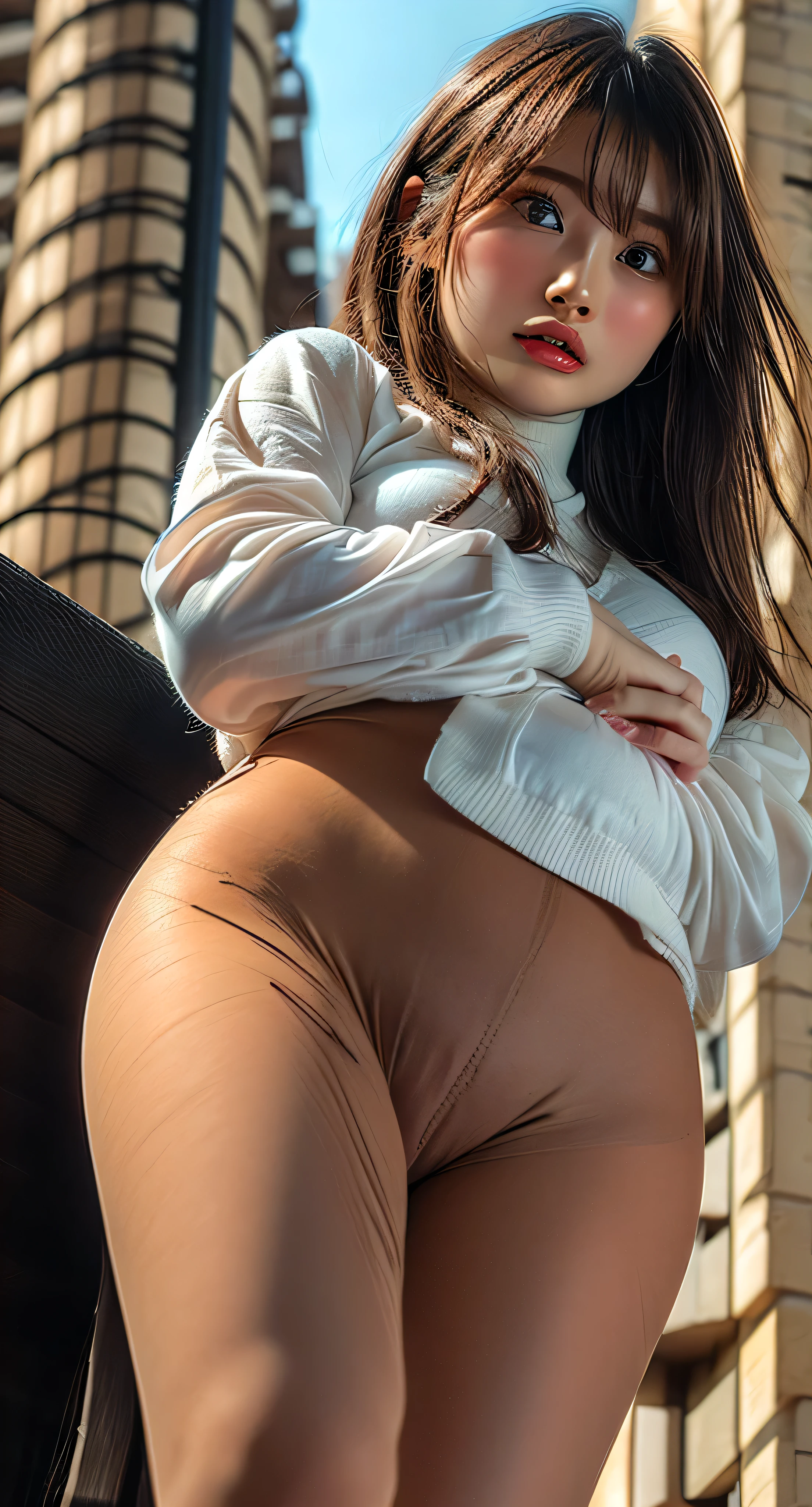 masterpiece, Bokeh, (Beautiful Face), (Detailed face), (Perfect hands), (Japanese Idols:1.6), (suit:1.3), (Ultra-realistic pantyhose:1.3), (Sit at the top of the tower:1.3),( Balcony of a high rise apartment:1.3), (Blushed:1.3), High heels, (From below:1.5), Beautiful mature woman, (Obscene and extremely large breasts bigger than a face:1.95, Chest gap), (Big eyes that exude beautiful eroticism:0.8, Adult charm:0.8, Fascinating:0.8), necklace, Earrings, bracelet, Highly detailed and accurate hands and fingers, ((She has a very cute baby face and a pure and sexy expression.)), ((Extremely accurate anatomy))