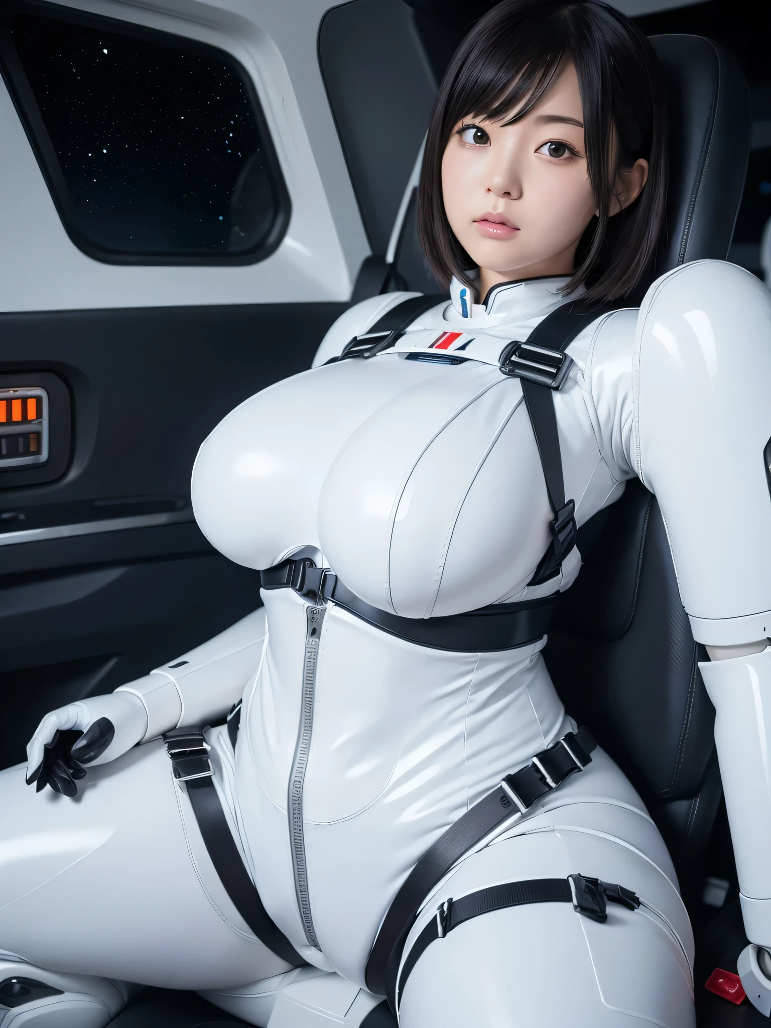 Japanese female android,White steel robot suit,Plump,Big Breasts,Wide-legged squats,Black Hair,Space capsule,I was completely strapped to the seat with a thick harness and couldn't move.,Surrounded by switches and monitors,