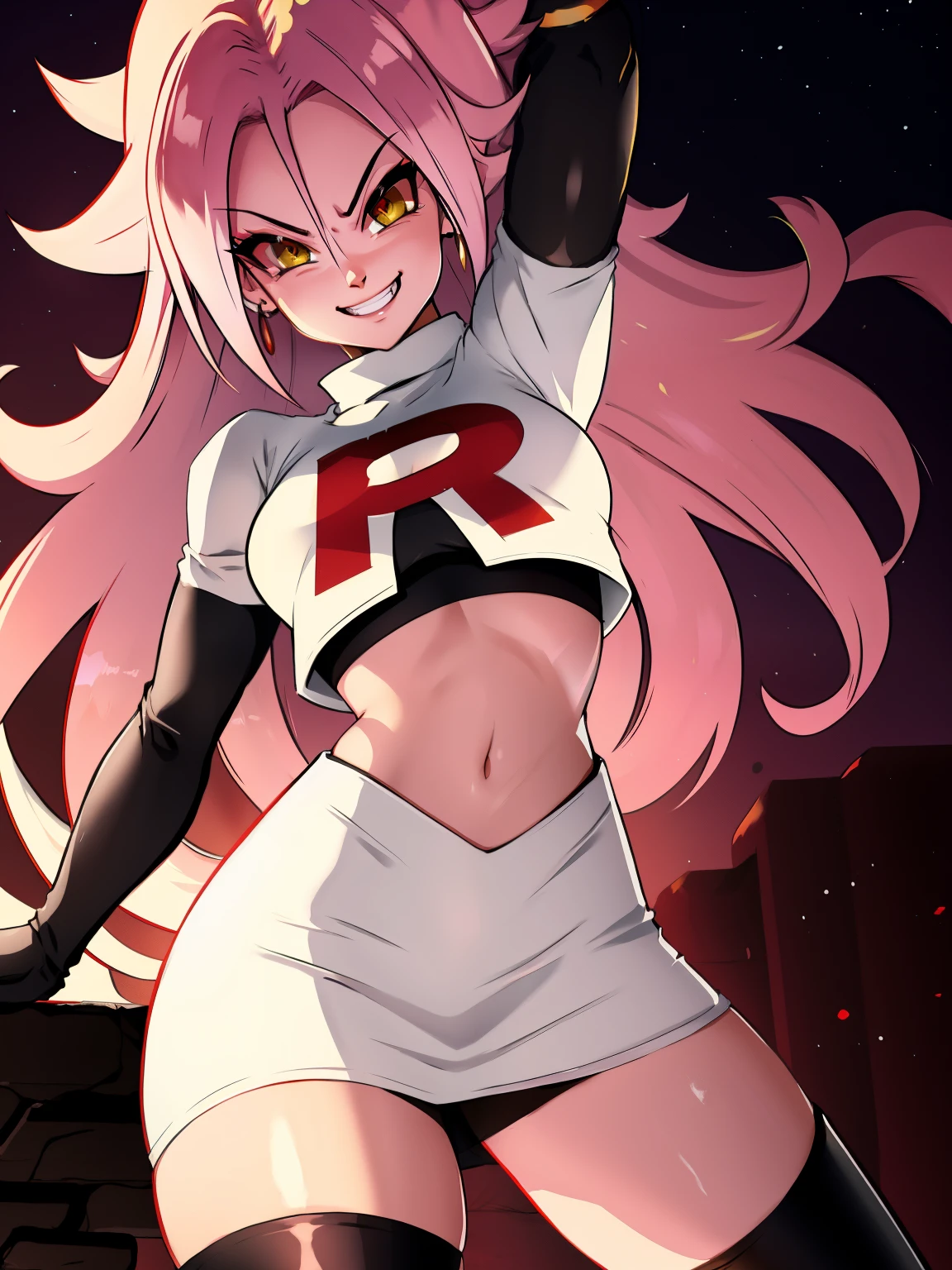 Android 21, team rocket uniform, red letter R, white skirt,white crop top,black thigh-high boots, black elbow gloves, sexy poses, peau rose, evil smiling