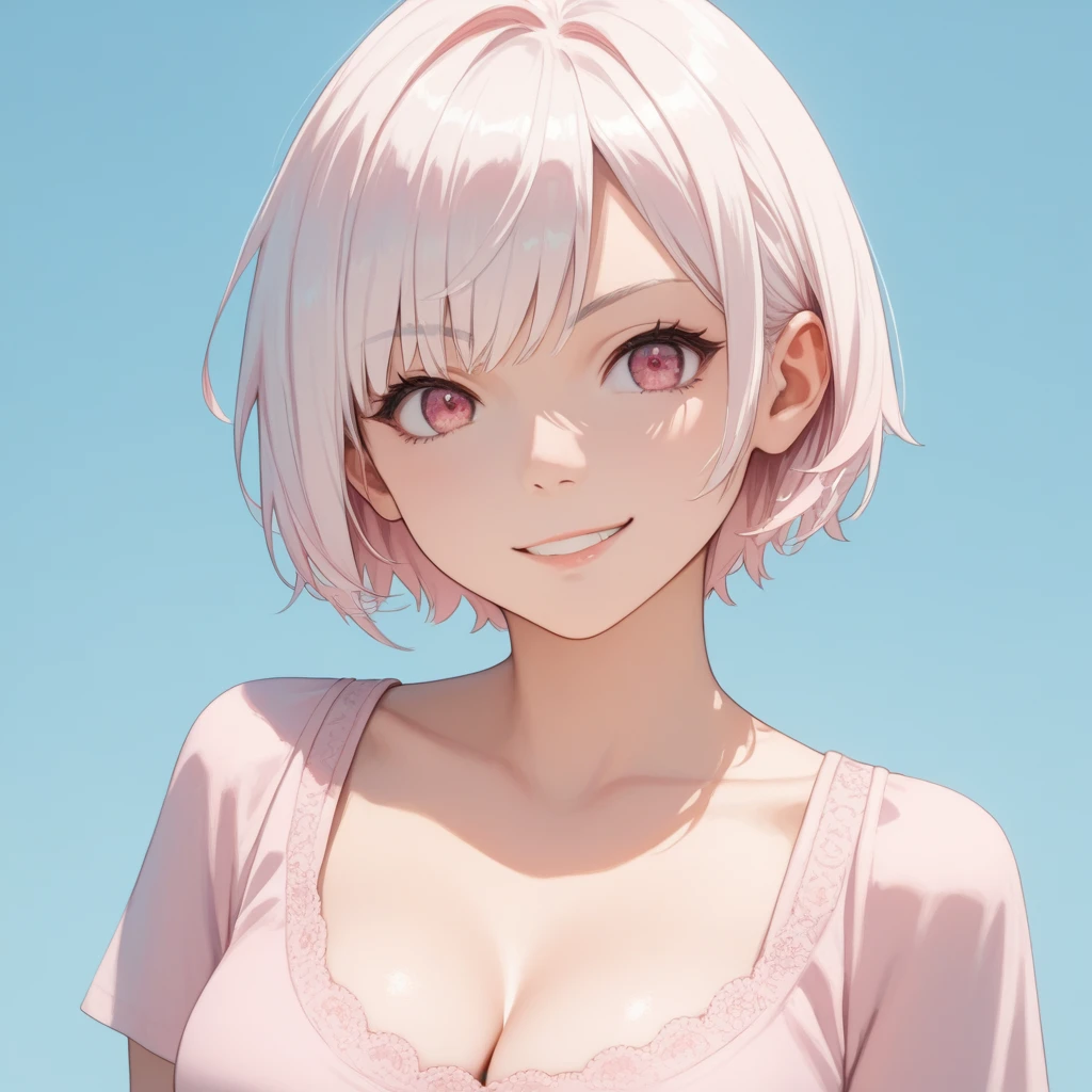 score_9, score_8_up, score_7_up,source_anime, high res image,masterpiece,best quality,girl,cute face,clear skin,simple_background,white hair,short hair,pink eyes,inner_pink_hair,smirk,cleavage,