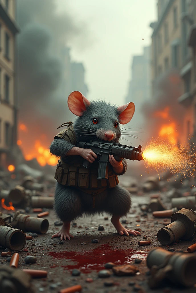 Rat fighting bloody war in with guns . Background full of war scenario blood dead bodies realistic war ground fire