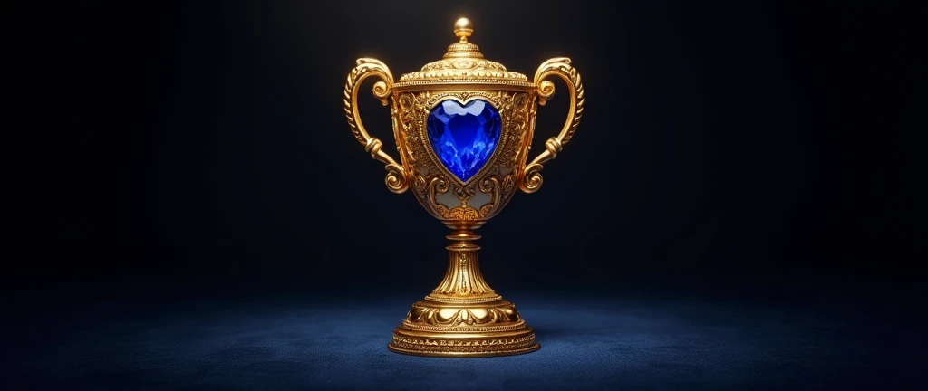 a golden award with sapphire stone, black background, intricate detail, high quality