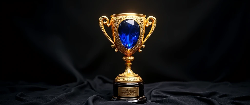 a golden award with sapphire stone, black background, intricate detail, high quality