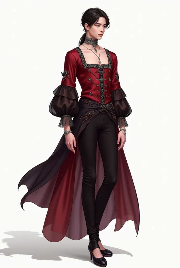 Whole body, Slim young man,ballet square neck shirt,bordados de crows de encaje pequeños,silk fabric, silver jewelry,along with pants with a skirt behind, medieval, silver jewelry, Principle,wine red colors with black, white,ancient heramonal, delicate, Royals, delicate, Simple, fondo white, vista Whole body, Silk fabrics with ruffles, lace, ballet shoes, crows
