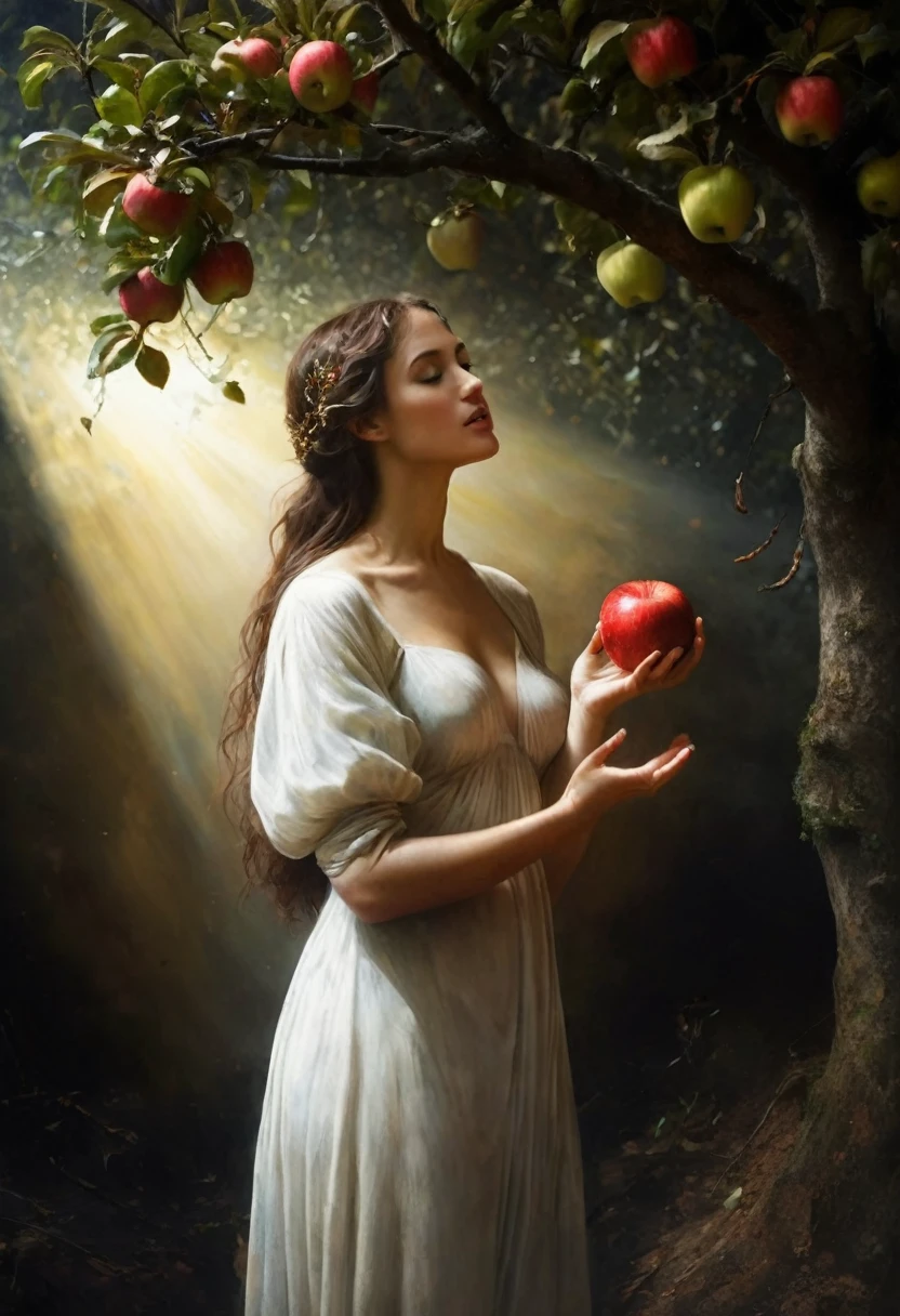 painting of a biblical story of Eve with an apple in her hand in the Garden of Eden under a spreading apple tree, cinematic scene, volumetric lights, ultra realistic, in the style of nicola samori