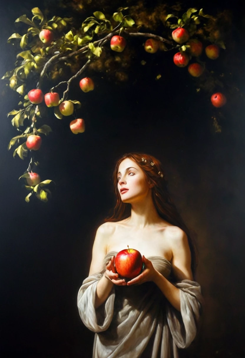 painting of a biblical story of Eve with an apple in her hand in the Garden of Eden under a spreading apple tree, cinematic scene, volumetric lights, ultra realistic, in the style of nicola samori