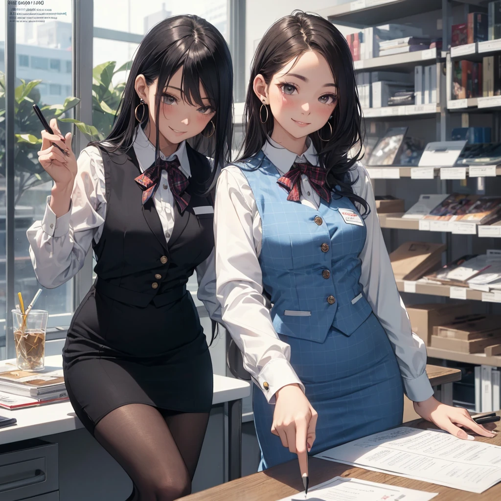 (Best Quality, Masterpiece),Wearing a pink plaid vest, White short sleeved shirt, Gray pencil skirt, Wear stiletto heels, Necklace, earrings, Cute face, Smile, Blushing, Shyness, Glass wall, Ultra Detail, Realistic, Front view, Whole body, stunning, cute, warm smile, hourglass figure, apron, text, chart, advertising, magazine title(Best Quality, Masterpiece), Mag((((1ladyl,)))) (masterpiece), (realistic), (best quality), (ultra-detailed), (wearing in [[white and gray check pattern]] Vest worn over white collared long-sleeved shirt:1.4), (gray vest with buttons:1.2), (Pink Theme:1.2), (blue ribbon ribbon:1.3), (Black theme:1.4), (Tight black pencil skirt:1.5), ((Brown pantyhose)), (high-heels:1.1),longskirt,office desk, office chair,Lulubre Unity 8K Wallpaper, pantyshot, long brown hair, office lady Magazine Cover, 1girl,  amazing, girl, 30 years old, house wiife, warm smile, hourglass figure, text, chart, advertising, magazine title
