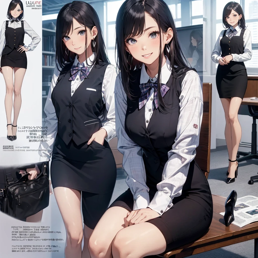 (Best Quality, Masterpiece),Wearing a pink plaid vest, White short sleeved shirt, Gray pencil skirt, Wear stiletto heels, Necklace, earrings, Cute face, Smile, Blushing, Shyness, Glass wall, Ultra Detail, Realistic, Front view, Whole body, stunning, cute, warm smile, hourglass figure, apron, text, chart, advertising, magazine title(Best Quality, Masterpiece), Mag((((1ladyl,)))) (masterpiece), (realistic), (best quality), (ultra-detailed), (wearing in [[white and gray check pattern]] Vest worn over white collared long-sleeved shirt:1.4), (gray vest with buttons:1.2), (Pink Theme:1.2), (blue ribbon ribbon:1.3), (Black theme:1.4), (Tight black pencil skirt:1.5), ((Brown pantyhose)), (high-heels:1.1),longskirt,office desk, office chair,Lulubre Unity 8K Wallpaper, pantyshot, long brown hair, office lady Magazine Cover, 1girl,  amazing, girl, 30 years old, house wiife, warm smile, hourglass figure, text, chart, advertising, magazine title