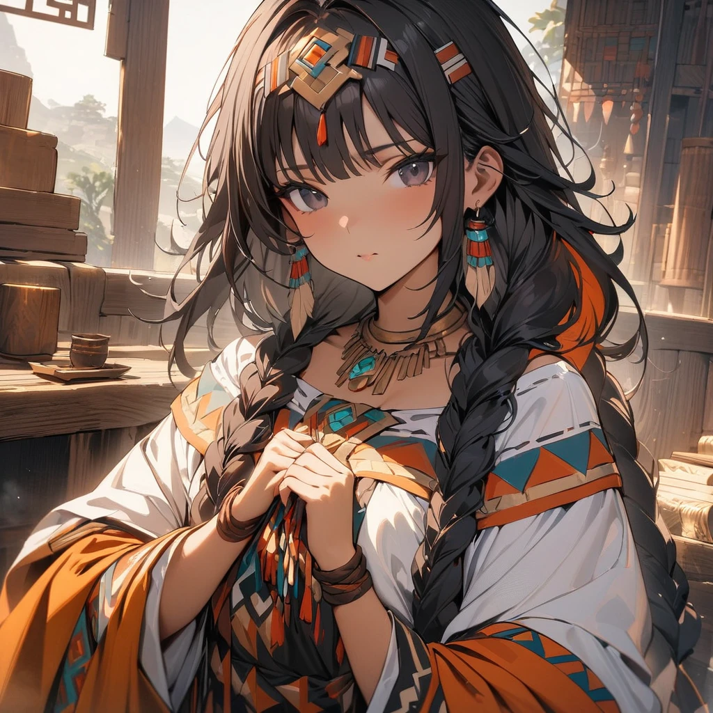 (masterpiece:1.2),(Highest quality:1.2),(masterpiece, Highest quality, Ultra-high resolution), (One girl), Inca Healer, Copper Skin, Deep black eyes, Straight braided black hair adorned with feathers and jewels, Tunic handwoven with geometric patterns and sacred Inca symbols, Calm, Intelligent and empathetic.