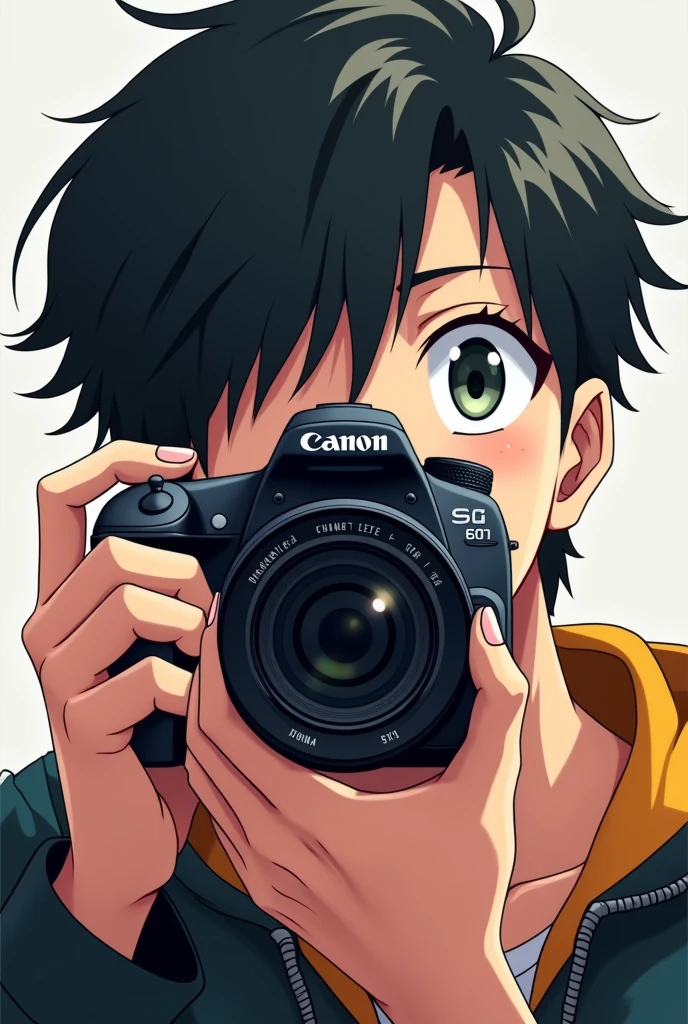 An anime man trying to take a picture of me with a canon camera (the camera is in front of his face looking through the view finder) the eyes is covered with the camera, so the left eye is in front of the view finder and the right eye is closed with the camera (the photo is medium shoot)