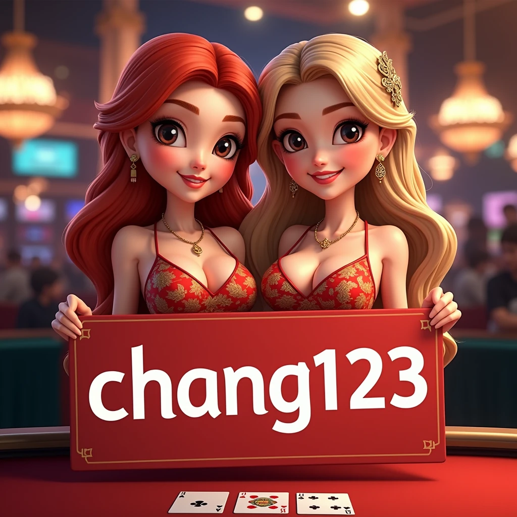 PG SLOT >> [chang123th.featuring] Direct web, upper body, two beautiful Thai women holding a sign "CHANG123 REGIST NOW" Cheerful, Happy, Casino Background, Thai Dress, Real Cartoon Pixar, Broken Chest, Standing Behind Poker Table, White Skin ,curvy, thai, Thailander, Thailand girls, Thailand, guofeng3, absolutereal, simplemix, red and blonde hair,