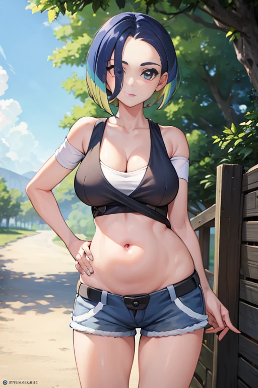 ((1girl)), perfect face, young adult pregnant woman, realistic photo, beautiful face, perfect face, masterpiece, ((perrin pokemon)), blue eyes, blue hair, bob cut, multicoloured hair, (background: blue sky), (cowboy shot), slim waist, cleavage, low shorts, croptop, gigantic breasts, third trimester of pregnancy, white off shoulder, looking at viewer