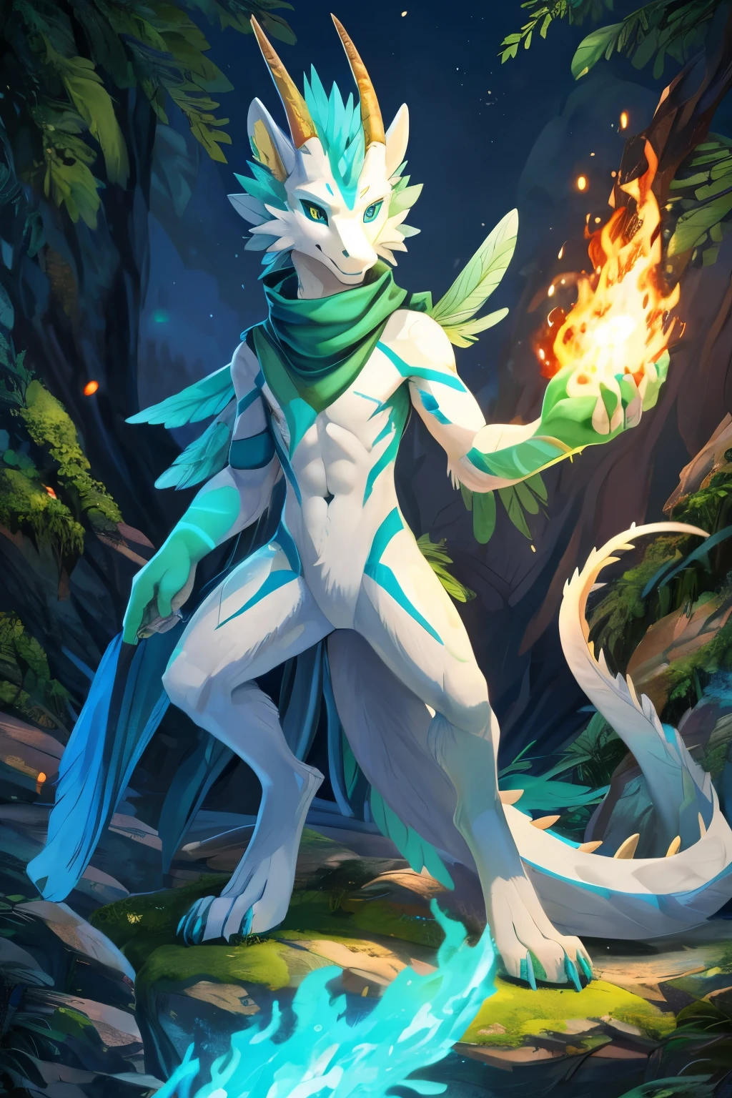 (anime), (front facing), (looking at the camera), slim furry white dragon using fire magic, (detailed eyes), blue secondary body color, (cyan, green and lime complimentary colors), spikes, very long muzzle, neck and tail fur, digitigrade, creative horns, feathers, dark gradient, (wearing only a scarf), (body markings), nature background, full body