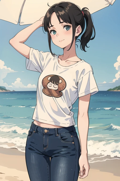 1girl, cute girl, solo, a junior student girl, petite body, ((girlish fleshy body)), small breast, dynamic pose, 
(tareme, down-turned eyes, short eyes:1.5), (oval face:1.4), (droopy eyes:1.3), grey-green eyes, eye highlights, blush, smile 
BREAK Forehead, flat hair, straight hair, no bangs, center parted forehead, side swept to backward, low ponytail, medium hair, black-hair, 
White T-shirt, denim hot pants 
BREAK Masterpiece, best quality, 4K, HDR, realistic lighting, soft lines, from front, cowboy shot, beachside background, perfect anatomy, perfect body, perfect hand, perfect face, 