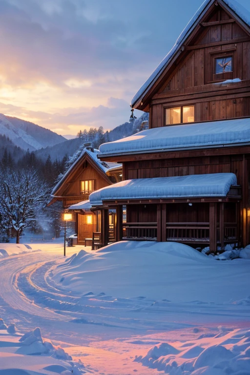 (best quality,4K,8k,High resolution,masterpiece:1.2),Super detailed,(actual,photoactual,photo-actual:1.37) Hokkaido Snow Scenery,Ainu village,,Front of House captures the essence of animated art with vibrant colors and fine detail. Scenes reminiscent of animated movies or screenshots from popular animated series, Showcasing exquisite animation and storyline. Barn beautifully rendered, Capturing the textures and architectural elements of the countryside. The light is very soft, Add a warm glow to the scene, Highlight the silhouette of the character against the snow. Color palette is vibrant and saturated, Mix of warm and cool colors, Improve overall visual impact. Snowflakes add a touch of magic and fantasy to the scene, Create a charming atmosphere.