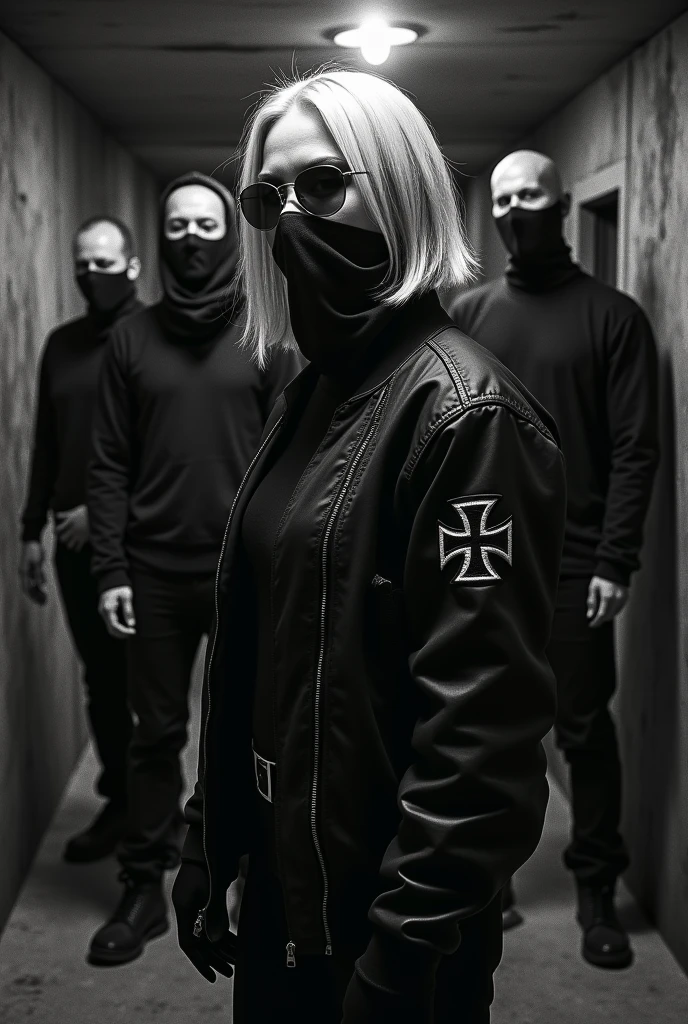 Drawn with charcoal. wide angle. album cover black metal band in a basement.
4 male bandmembers with ski masks and black clothers. their arms behind their backs.
front: 30 year old very beautiful female singer with short blonde side parting haircut, arms crossed,
with sunglasses, bandana covering her mouth,
black bomber jacket with small german military cross on the sleeves.