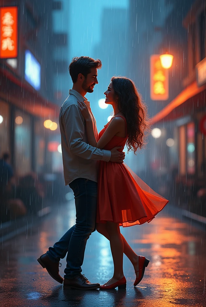 Cute couple dancing in rain