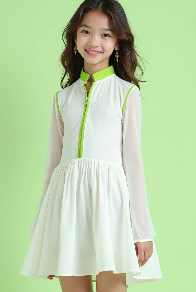 A white mini dress with green linings for age girls
skirt-like bottom
longsleeves top
Image