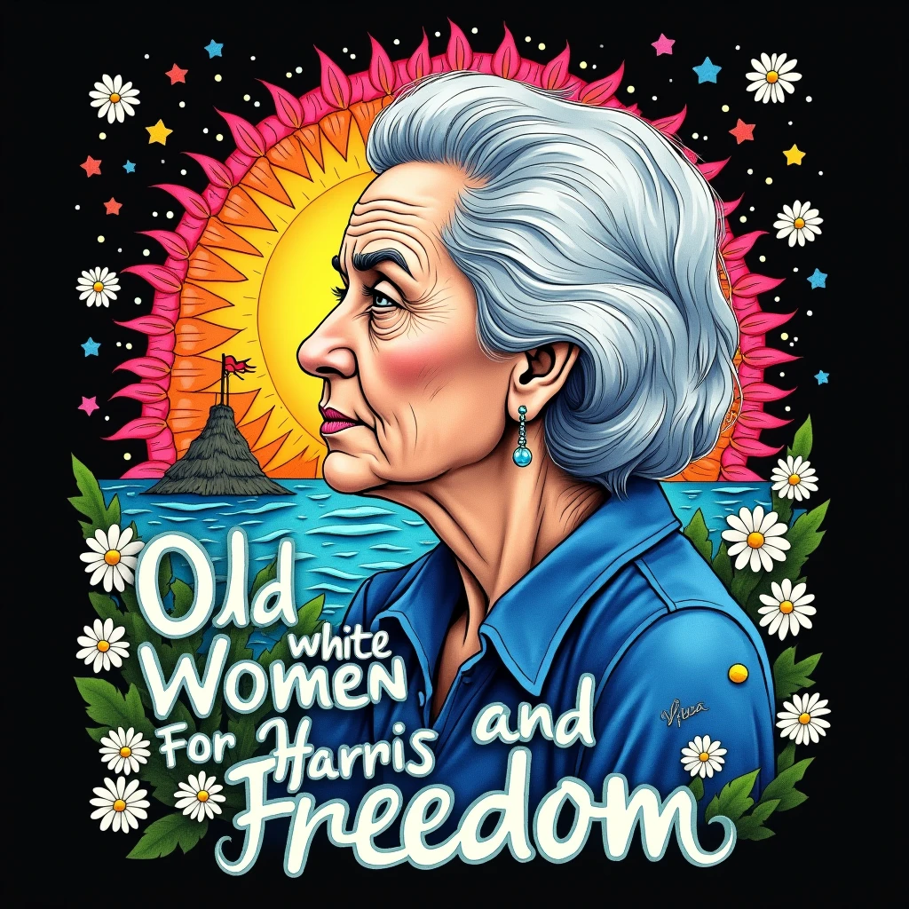 isolated on black background with psychedelic, hippie from the 60s hand-drawn aesthetic.the text 'Old White Women for Harris and Freedom' in largre bold, rounded typography font with a hand-drawn at the top and below,scattered small daisies.small center feature watercolor hand drawnof portrait of an elderly woman in profile,capturing the details of her face, highlighting the wrinkles and contours,Use cool blues for her clothing,depict her hair in various shades of white and gray with subtle blue undertones,behind her is illustration of an island with a rising sun and rays extending outward, stylized waves, in the center. Use vibrant playful, tones light blue, yellow green,orange,pink,red