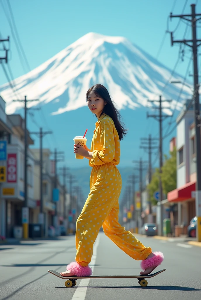 A pretty asian woman, wearing yellow polka dots pajamas and fluffy pink slippers, holding boba tea, skateboarding across the street , bend knee, at a street scene with the Mount Fuji which its snow capped peak is visible. An empty urban street lined with commercial buildings. Some utility poles and overhead wires crisscross above the street. In stark contrast to the urban foreground Mount Fuji rises in the background. Hyperrealistic , profile view, telephoto lens, ground level, HDR.