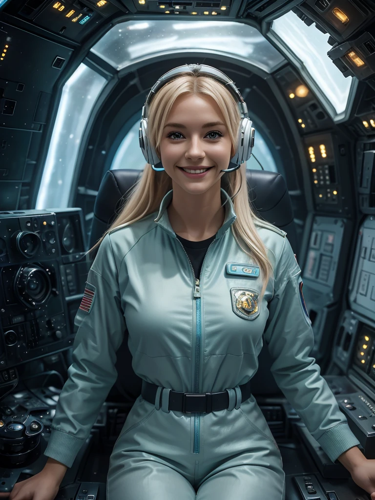 Beautiful blonde woman(best quality,4k,8k,highres,masterpiece:1.2),ultra-detailed,(realistic,photorealistic,photo-realistic:1.37),HD,sky1, stunning detailed, a 30 year old woman in grey cloth trousers, a white shirt and teal jacket white trainers, she is standing in the cockpit of a giant space craft sitting at the controls, she is smiling at the camera, she is in a large room, night time through the windows, space nebulas and controls, she is wearing communication headphones and has a gold badge,