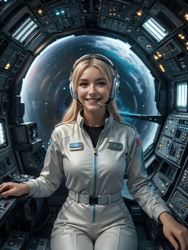 Beautiful blonde woman(best quality,4k,8k,highres,masterpiece:1.2),ultra-detailed,(realistic,photorealistic,photo-realistic:1.37),HD,sky1, stunning detailed, a 30 year old woman in grey cloth trousers, a white shirt and teal jacket white trainers, she is standing in the cockpit of a giant space craft sitting at the controls,  she is smiling at the camera,  she is in a large room, night time through the windows, space nebulas and controls, she is wearing communication headphones and has a gold badge,