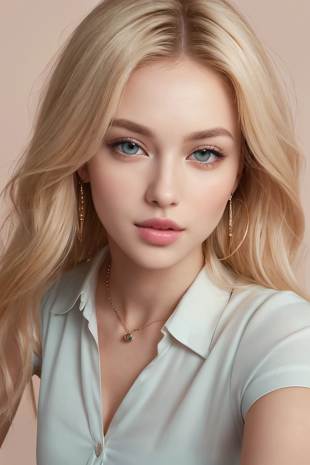 1 2 blonde woman with long hair posing for a picture, Beautiful blonde woman, beautiful blonde woman, (She is blushing and making a kissy face1.2), ((Her face is turned upwards:1.3)), Beautiful, well-cared for blonde, 8K Portrait, (Angle of view from above and in front:1.4), Smooth blond woman, (Slim figure top model:1.2), breast enhancement, (Blonde Swedish woman), (Blonde eyebrows), Glossy long blonde hair, (She's droopy eyes and the eyes are half-opened:1.1), ((Her thick plump and parted lips:1.5)), (Her upper body photo), (A person in the center left and right, The whole head is shown:1.3), (Pastel colored buttoned collared blouse:1.3), (A very simple necklace and very simple earrings), Perfect Makeup