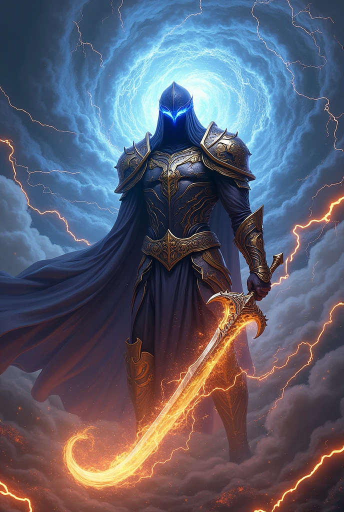 A man with black-golden full body armour engulfed in voilet and blue flames and with long sword in one hand and blue flame leaking from his left eye and surrounded by yellow , red and blue lightening and levitating in eye of the hurricane