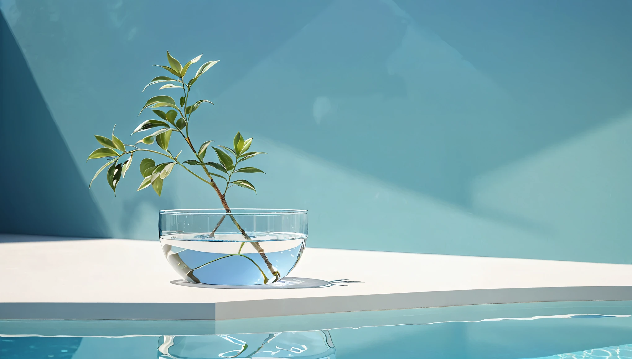 There is a small plant in a glass vase on the table。Poolside, relaxed. Blue background, Minimalist composition, Minimalist Photorealist, Clean render, v ray, Minimalist Background, Glass Refraction, Photorealistic illustrations, Beautiful 3D rendering, Clear water, Photorealistic photography, Ultra-realistic rendering, Photorealistic cinematic rendering, Photorealistic Rendering, a Photorealistic Renderinging、8K