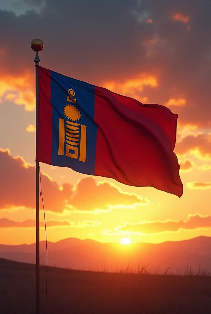 Generate an image of mongolian traditional flag waving at sunset