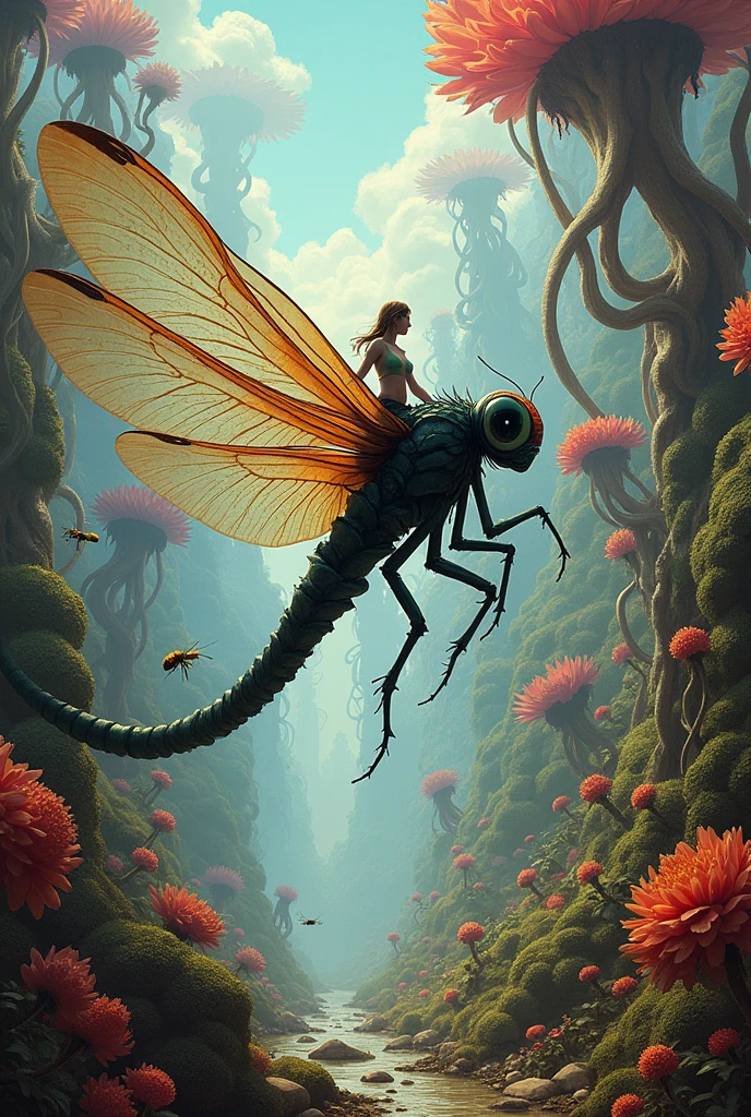 You dream of riding a large dragonfly in a garden that is completely foreign to you. Most of the plants around you look strange and odd.Several bees and other insects of giant size are also around the area. 
Describe the situation easily and in the form of paint by emphasizing the elements of form, braided, tones and lighting on plants and insects 